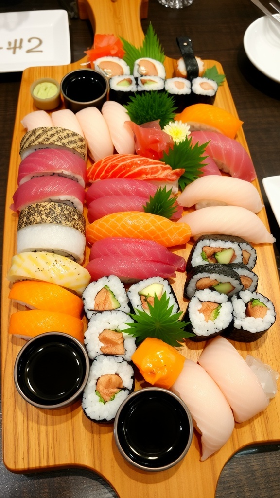 A sushi platter with nigiri, maki rolls, and sashimi on a wooden board with soy sauce and wasabi.